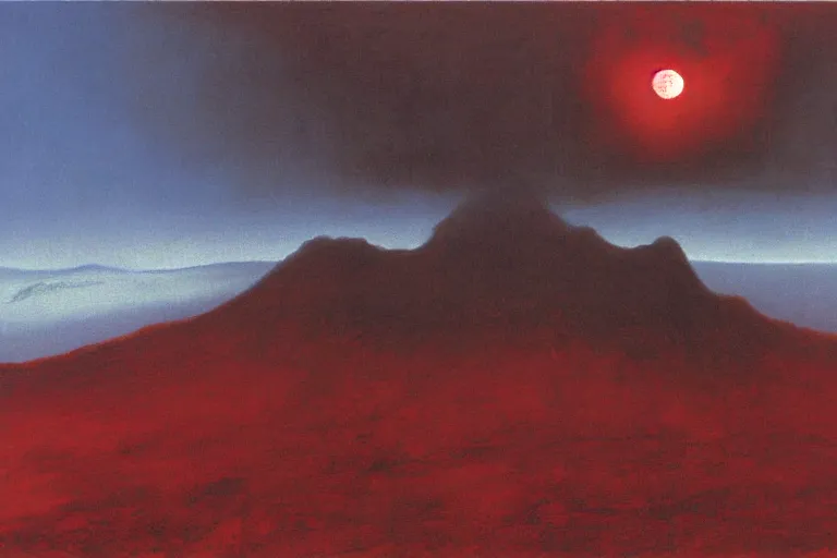 Image similar to a detailed volcanic landscape , violent clouds in the sky with glowing red eyes in the sky by Zdzisław Beksiński