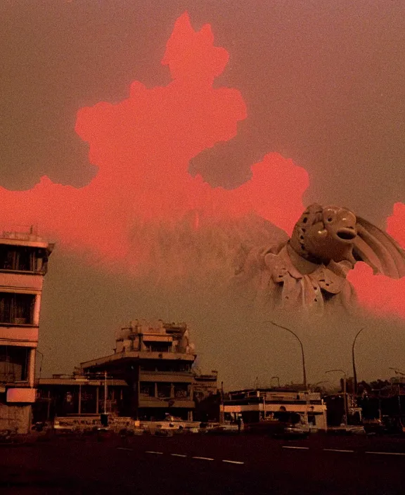 Image similar to Pulgasari the North Korean starfish monster destroying Pyongyang city, volumetric lighting, filmstill, produced by Kim Jong-il, Kodachrome, kaiju-eiga, monster movie, communist propaganda, film noir, 35mm film grain, Cooke Varotal 20-100mm T3.1, in the style of Ishirō Honda and Stanley Kubrick