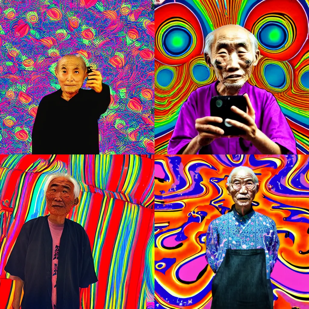 Prompt: selfie old japanese man, psychedelic background, horror