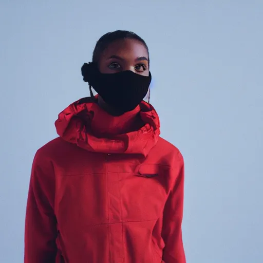 Image similar to realistic! photoshoot for a new the north face lookbook, color film photography, portrait of a beautiful woman wearing a balaclava mask, photo in style of tyler mitchell, 35mm lens