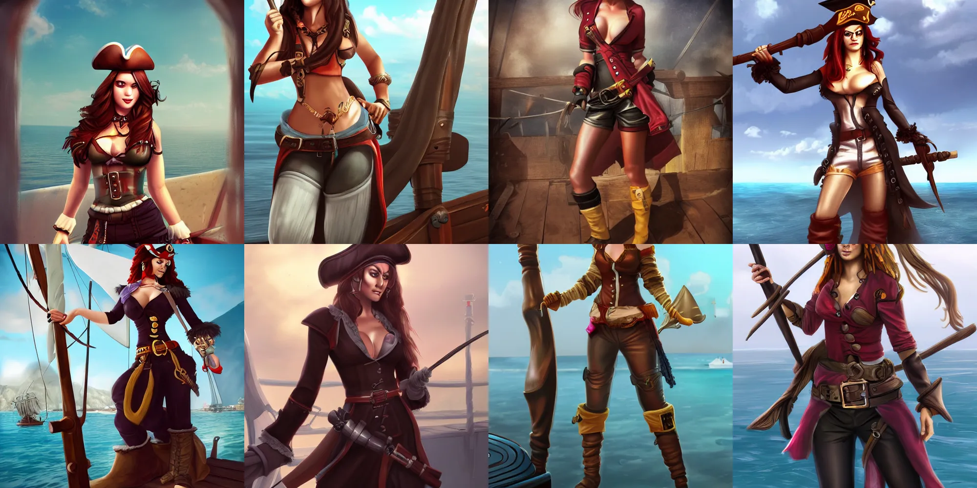 Prompt: female pirate on ship, trending on artstation, cover page, full body shot