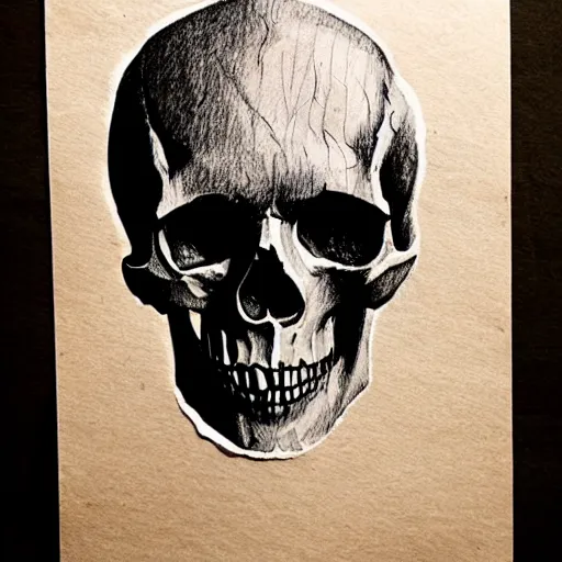 Prompt: pencil sketch of a skull on old torn paper, dramatic lighting, ultra detail, creepy, book cover