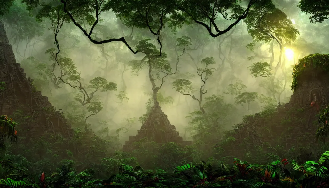 Prompt: deep mayan jungle forest realm biodiversity , side-scrolling 2d platformer game level, swirling clouds of magical mist through the trees, ancient temple gigantic statue heads in ruins in the background between the tree trunks, dramatic dusk sun illuminates areas, volumetric light , detailed entangled roots carpet the forest floor, rich color, upscale , 8k