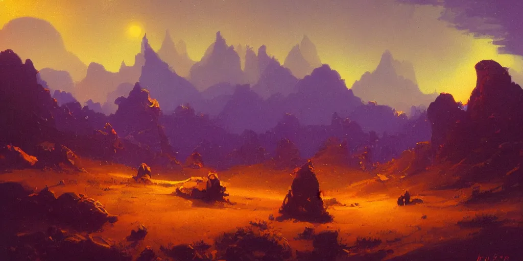 Image similar to a paul lehr narrow night landscape with far away mountains
