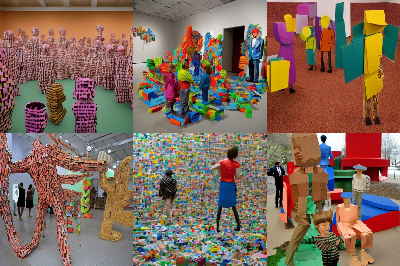 Prompt: childish and serious cardboard sculpture, displayed at a public art gallery in Vancouver, by Sandy Skoglund