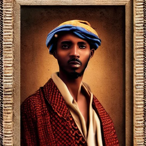 Image similar to east african man, curly hair, muslim man, somali attire, vintage, symmetrical, nostalgic, peaceful, digital painting, intricate details, sharp focus