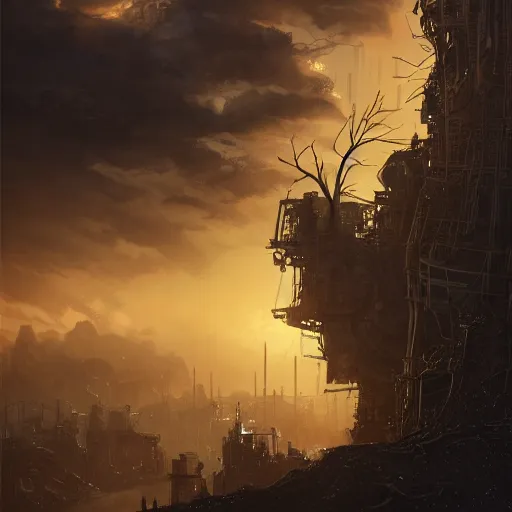 Image similar to a dark foreboding landscape where one single tree grows, amidst broken metal machines, with the sky on fire. Gustave Dore, ponyo and artrift, trending on artstation, cyberpunk, CGSociety, hyperealism, extremely detailed landscape art, 3d render, 4k hd, depth of field, super high def, IMAX.