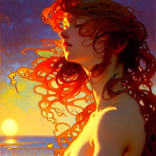 Image similar to sea of glossy liquid honey drops flowing like translucent amber, backlit, sunset, refracted lighting, art by collier, albert aublet, krenz cushart, artem demura, alphonse mucha