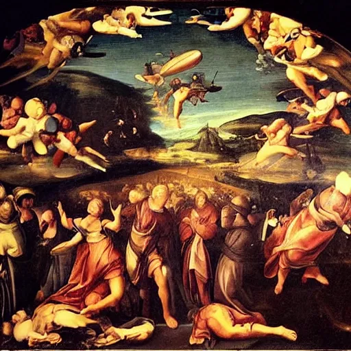 Prompt: a a lot of UFOs attacking people , Renaissance painting style
