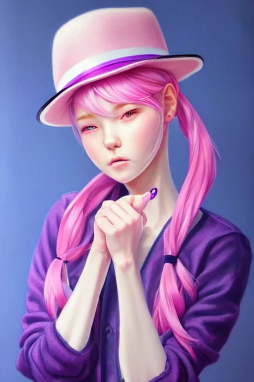 Image similar to gorgeous!!! hyper - realistic teenager girl with pink hair, light pink fedora hat and light pink jacket, with purple gloves, blue jeans and white shoes | drawn by wlop, drawn by jeehyung lee, drawn by artgerm | intricate, highly detailed, digital painting, character design, concept art, illustration, artstation