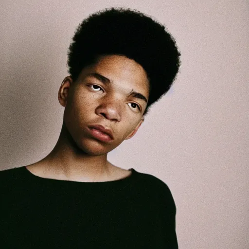 Prompt: realistic photoshooting for a new acne studio lookbook, color film photography, close up, interesting perspective, photo of a woman, photo in style of tyler mitchell, 3 5 mm,