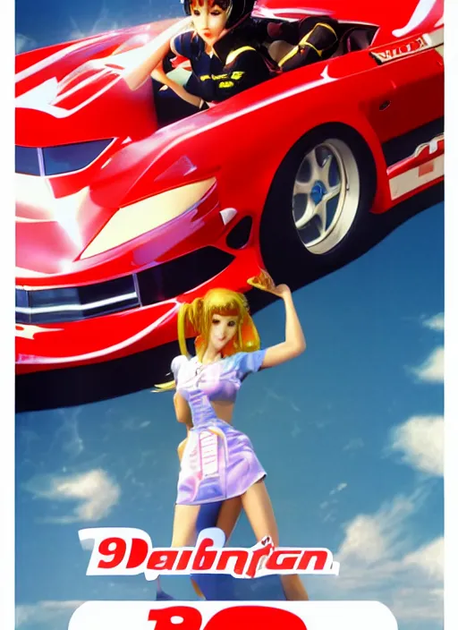 Image similar to Promotional poster 3D render from an old japanese racing game from the 90's depicting a girl dressed as a racing driver.