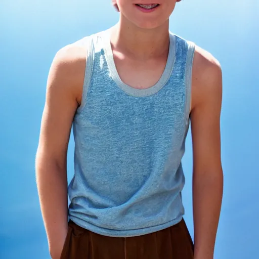 Prompt: Portrait of a 21 yo boy with natural brown hair, smooth pale skin. A Fischer net tank top. Blue sky.