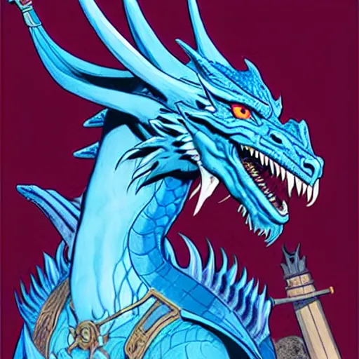 Image similar to half - length porrtrait of a medieval fantasy male anthropomorphic blue dragon with electrcity magic, fantasy, d & d, high details, art by phil noto and frank miller