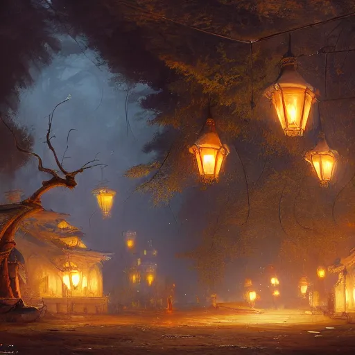 Image similar to Concept art, beautiful painting of a gingko tree, shining its light among lanterns, 8k, james gurney, greg rutkowski, john howe, artstation