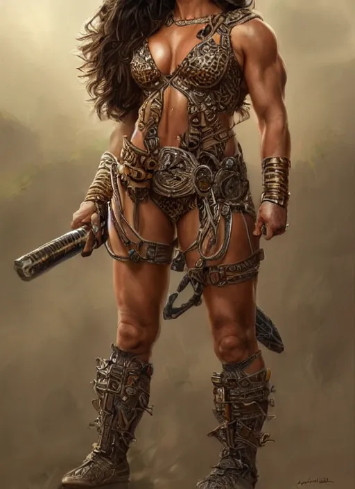 Image similar to Mila Kunis as a very muscled rugged looking Amazon, intricate, elegant, highly detailed, centered, digital painting, artstation, concept art, smooth, sharp focus, illustration, art by artgerm and donato giancola and Joseph Christian Leyendecker, WLOP