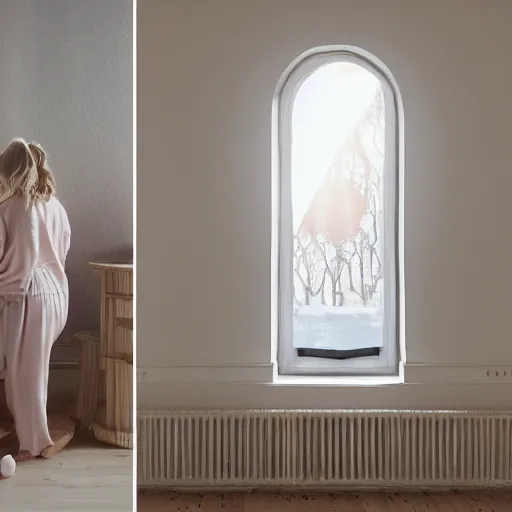 Image similar to person in pyjamas standing near window, sun rays, daylight, big french door window, big spatious room, 2 4 mm, walls left and right, window at the center, wooden floor, modern, pastel palette, winter sun, photorealistic, high ceiling