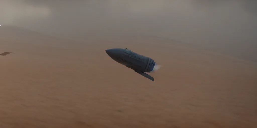 Prompt: screenshot from a renaissance airship cyberpunk cinematic masterpiece, small craft flying into a sandstorm, fps, cinematography, photo, photography, 4 k, by greg rutkowski, roger deakins