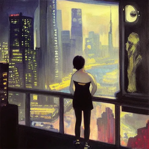 Image similar to “ a girl looking down at a futuristic new york city below, ghostpunk, detailed face, oil painting, studio ghibli, by george bellows ”