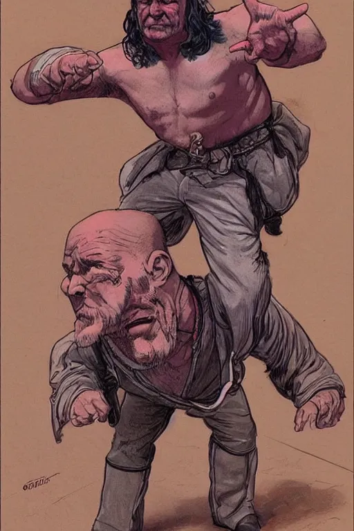 Prompt: vernon. Smug old west circus wrestler. concept art by James Gurney and Mœbius.