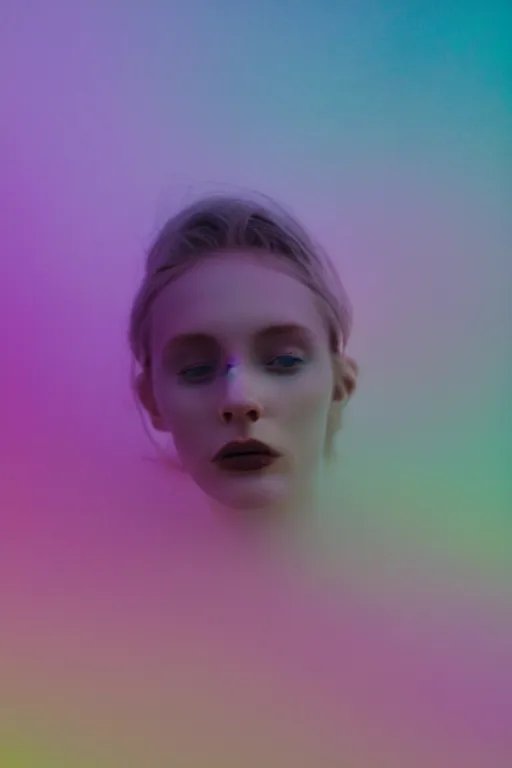 Prompt: high quality pastel coloured film close up photograph of a model in an icelandic black rock!! environment in a partially hazey dreamstate world. three point light, rainbow. photographic production. art directed. pastel colours. volumetric clouds. pastel gradient overlay. waves glitch artefacts. extreme facial silliness. 8 k. filmic.