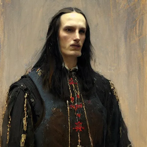 Prompt: Richard Schmid and Jeremy Lipking portrait painting of a young beautiful vlad III in elaborate costume