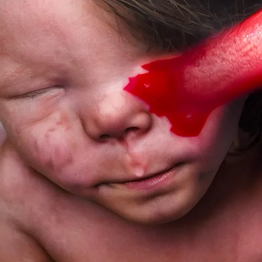 Image similar to cartel peeling off child's skin, hyper realistic, red mist spraying, tendons,