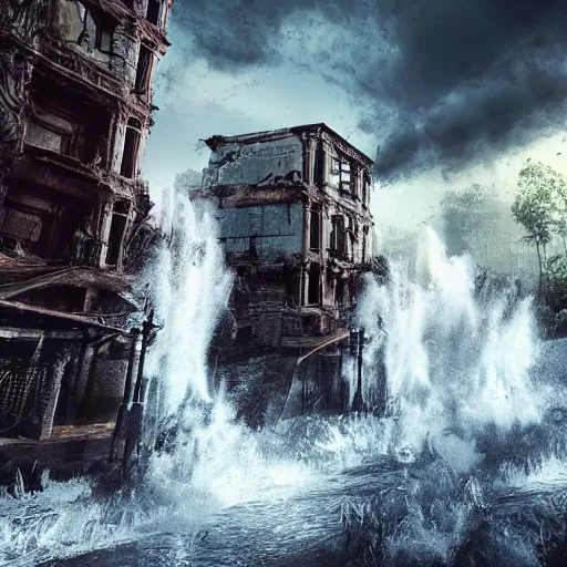 Image similar to big crumbling pillars over raging turbulent waters, conflagration in the back no smoke, hyper realistic, highly detailed, digital art, apocalyptic, epic lighting, raytracing