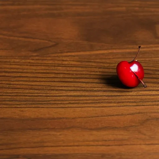Prompt: a photo from 1 9 2 0 of a single cherry sat on a large oak desk in an empty room. 4 k resolution