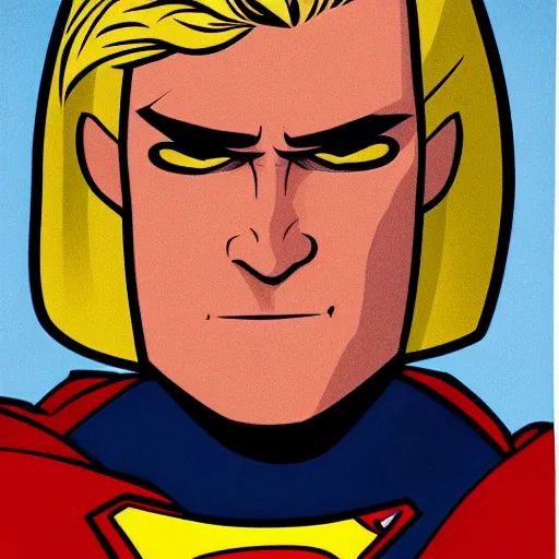 Prompt: portrait of a evil blonde superman with blonde hair he is blinde and thin face lines, his cape is the american flag, he is angry