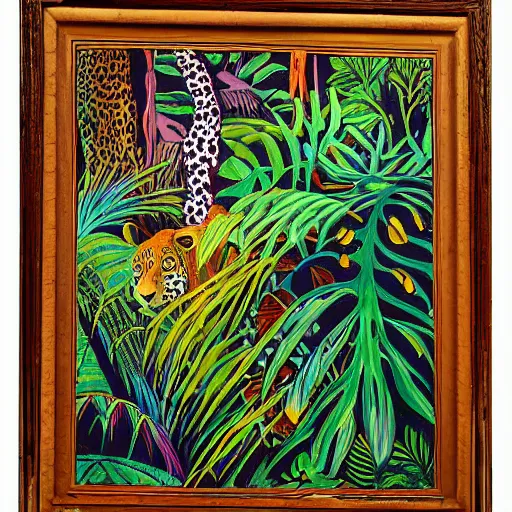 Prompt: a velvet painting of a colorful jaguar in a jungle scene by edgar leeteg