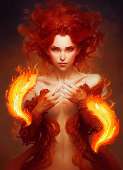 Image similar to a cute fire elemental, with fingers and hair turning into flames, fantasy, intricate, elegant, highly detailed, digital painting, artstation, concept art, wallpaper, smooth, sharp focus, illustration, art by artgerm and greg rutkowski and alphonse mucha