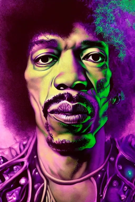 Image similar to A Weirdcore Mesmerizing 8k hyperrealistic Photo Portrait of Jimi Hendrix, floating in purple iridescent mycelum solarpunk cathedral, surrounded by purple haze, By Ayami Kojima, Daytoner, Greg Tocchini, James Jean,Yoshitaka Amano. Subsurface scattering. Octane Render.