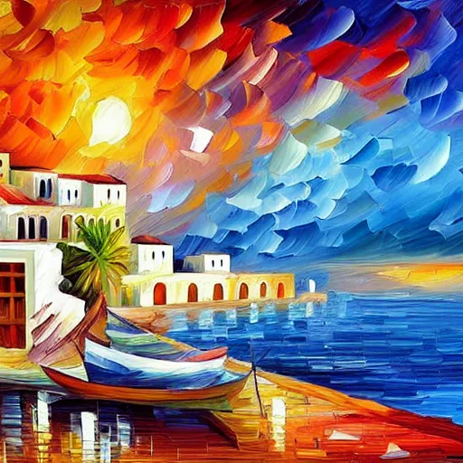 Image similar to beautiful seaside greek village in the style of leonid afremov