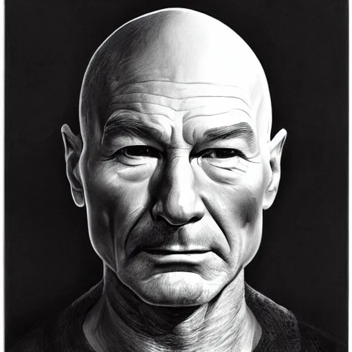 Prompt: hyperdetailed pencil drawing of Patrick Stewart, by Caravaggio