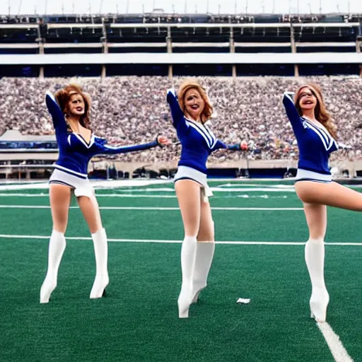 Image similar to Three anthropomorphic goats, dressed as Dallas cowboys cheerleaders, doing a kickline at AT&T stadium on the football field