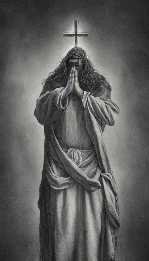 Prompt: full - body portrait of a creepy realistic jesus christ wearing blindfold!!!!!!!!!!!!!!!!!!!!!!!!, traditional art, dark, surrealism, german romanticism style, ornate and elegant, hightly detailed