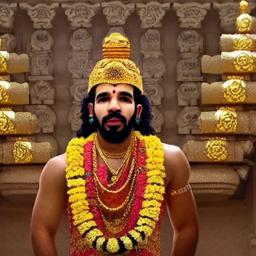 Prompt: photograph of drake the rapper standing in a hindu kovil, accurate portrayal, drake the rapper's face