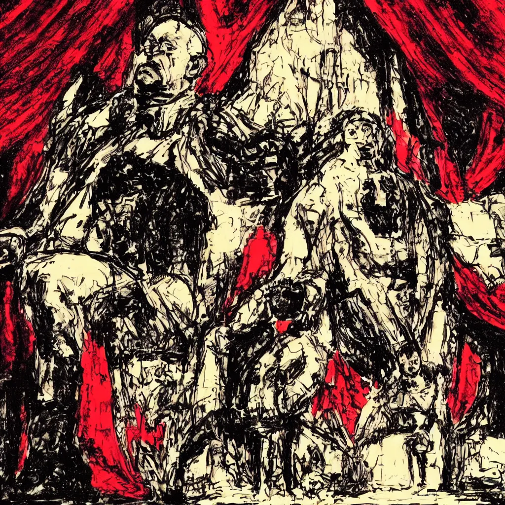 Image similar to style of frank miller, big black man sitting on throne, background made of big curtains
