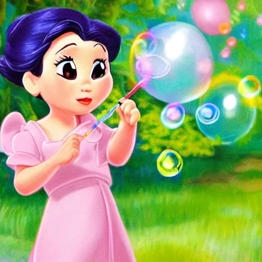 Prompt: a little girl in a beautiful garden blowing bubbles in a still from a disney movie. beautiful disney cartoon character art, high quality, detailed face