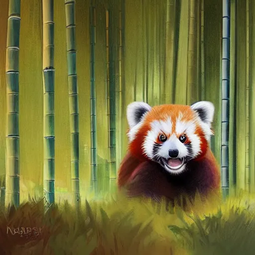 Prompt: cute!!! fluffy!!! adorable!!! red panda walks in the bamboo woods, trending on artstation, by noah bradley