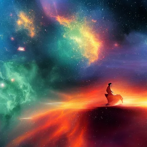 Image similar to a sandwich riding a horse in a explosion of a nebula, digital art