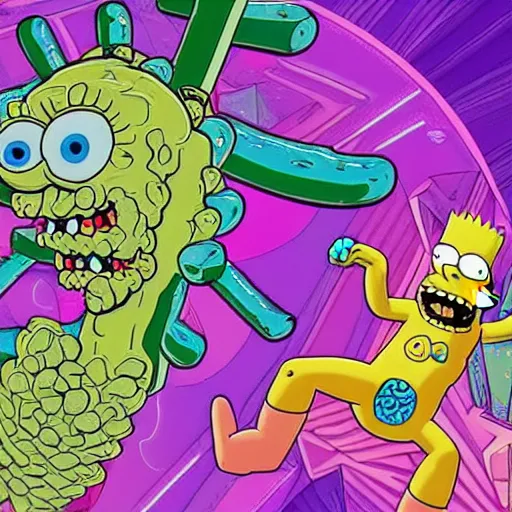 Prompt: multidimensional pickle Rick on LSD fighting the Simpsons