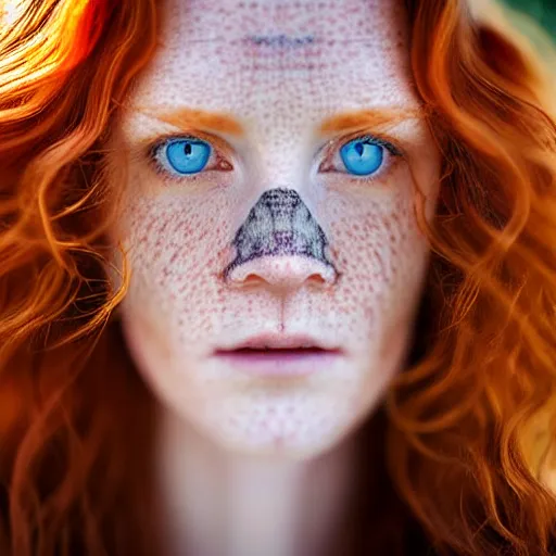 Prompt: close up half-face portrait photograph of a ginger woman with deep blue eyes. Wavy long hair. she looks directly at the camera. Slightly open mouth, face covers half of the frame, with a park visible in the background. 135mm nikon. Intricate. Very detailed 8k. Sharp. Cinematic post-processing. Award winning portrait photography