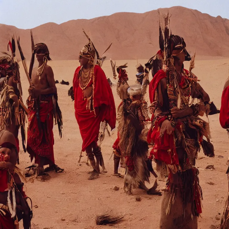 Prompt: 8k pov of a tribe in the desert, Cinestill 800t trending on Flickr, wear red tunics and very long beak gold mask and jewels