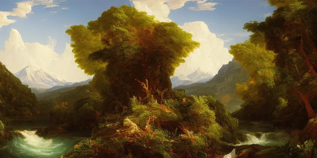 Image similar to a stunning painting of a mountain vista with a river flowing to a lake and forest, by thomas cole, oil on canvas, highly detailed, 4 k, hd