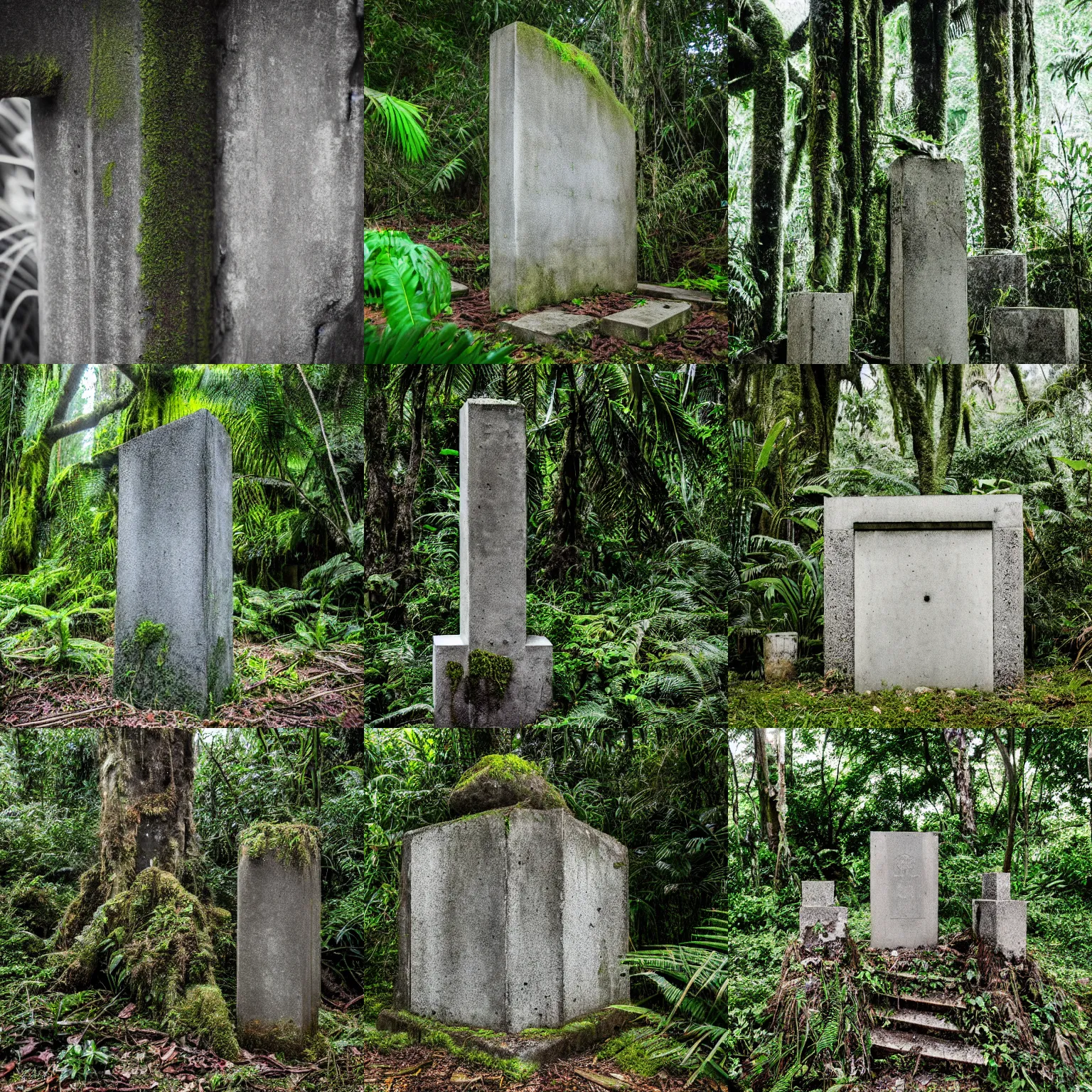 Prompt: Realistic abandoned concrete monument, overgrown rainforest plants and trees, overcast, long shot, Sigma 100mm