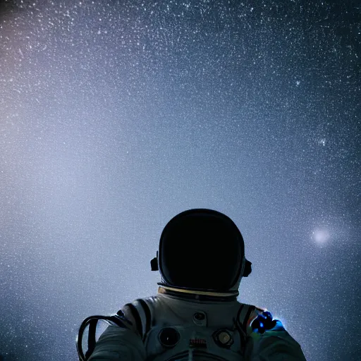 Image similar to photograph of an astronaut against the pitch black darkness of space, full body photo, lit from below, amazing light and shadow contrast,, 8 k