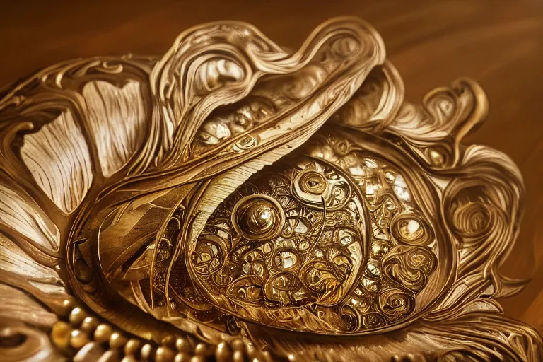 Prompt: an intricate seashell is on a wooden table, close up view, dramatic lighting, DOF, intricate artwork by alphonse mucha and Ruan Jia