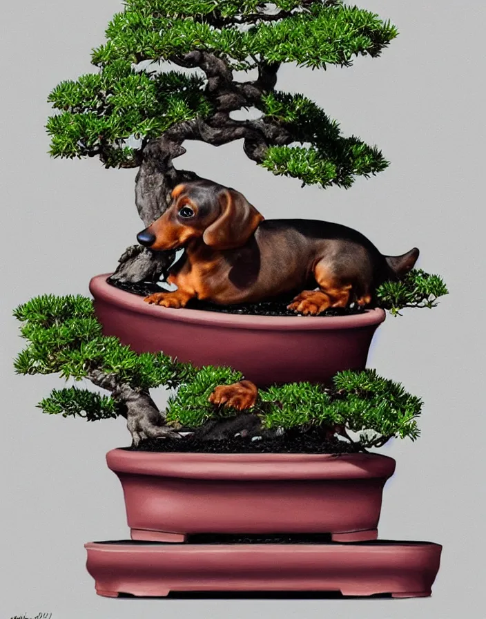 Image similar to dachshund bonsai in a bonsai pot, hyperrealism, high detail